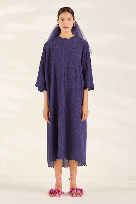Ilk Purple Silk Crepe Plain Round Meadow Smocked Pattern Dress 
