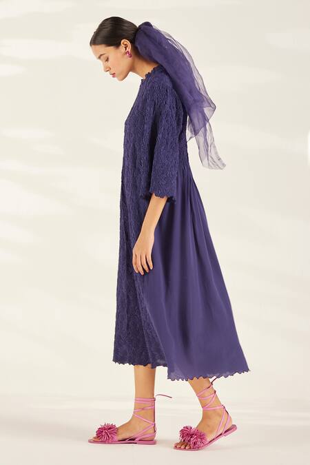 Ilk_Purple Silk Crepe Plain Round Meadow Smocked Pattern Dress _Online_at_Aza_Fashions