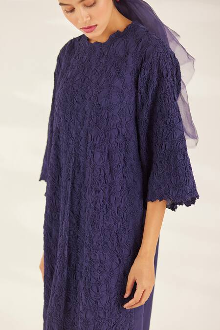 Buy_Ilk_Purple Silk Crepe Plain Round Meadow Smocked Pattern Dress _Online_at_Aza_Fashions