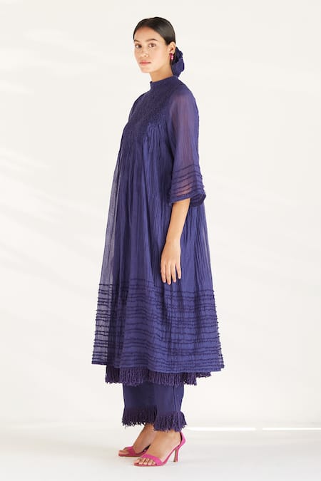 Ilk_Purple Silk, Chanderi Embroidery, Fringe Round Neck Smocked Kurta And Pant Set_Online_at_Aza_Fashions