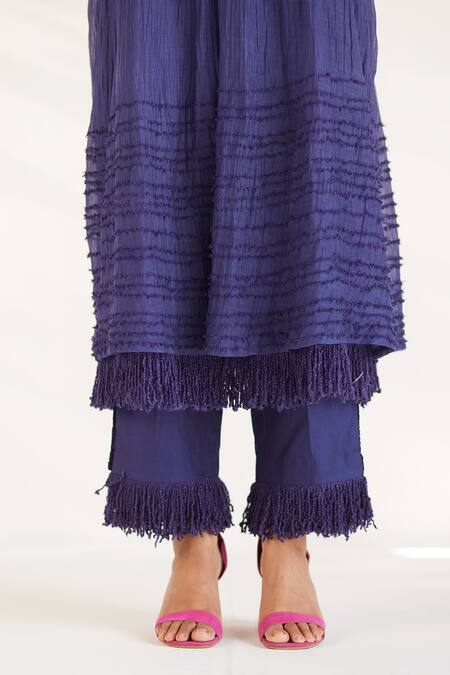 Buy_Ilk_Purple Silk, Chanderi Embroidery, Fringe Round Neck Smocked Kurta And Pant Set_Online_at_Aza_Fashions