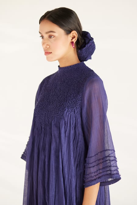 Shop_Ilk_Purple Silk, Chanderi Embroidery, Fringe Round Neck Smocked Kurta And Pant Set_Online_at_Aza_Fashions