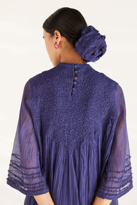 Ilk_Purple Silk, Chanderi Embroidery, Fringe Round Neck Smocked Kurta And Pant Set_at_Aza_Fashions