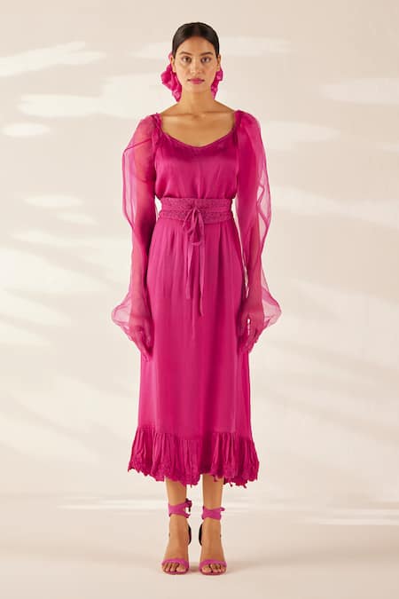 Ilk Silk Dress With Smocked Belt 