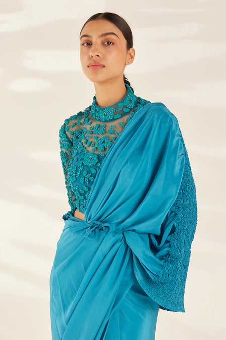 Ilk_Blue Silk, Crepe Embroidery, Sequins Round Neck Smocked Saree With Blouse_Online_at_Aza_Fashions