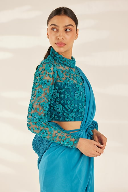 Buy_Ilk_Blue Silk, Crepe Embroidery, Sequins Round Neck Smocked Saree With Blouse_Online_at_Aza_Fashions