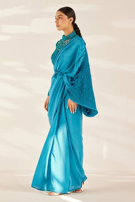 Shop_Ilk_Blue Silk, Crepe Embroidery, Sequins Round Neck Smocked Saree With Blouse_Online_at_Aza_Fashions