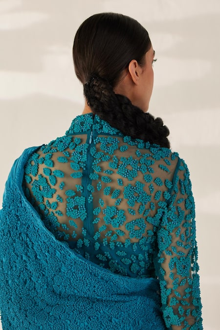 Ilk_Blue Silk, Crepe Embroidery, Sequins Round Neck Smocked Saree With Blouse_at_Aza_Fashions