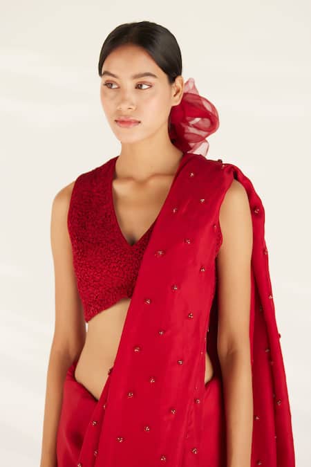 Ilk_Red Silk, Cotton Satin Beads, Embroidery Songbird Embellished Saree With Blouse_Online_at_Aza_Fashions