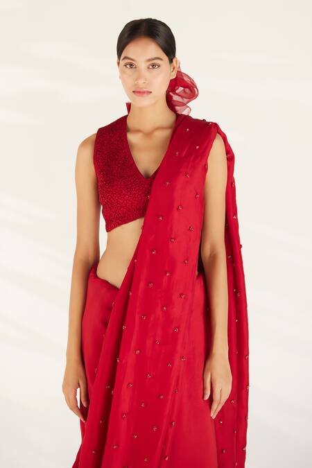 Buy_Ilk_Red Silk, Cotton Satin Beads, Embroidery Songbird Embellished Saree With Blouse_Online_at_Aza_Fashions