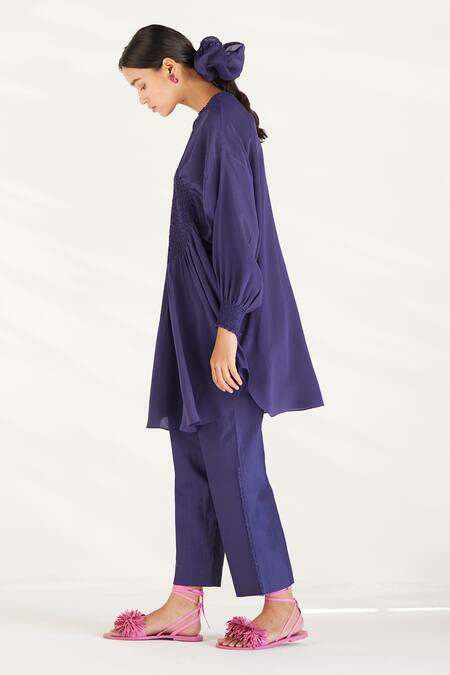 Ilk_Purple Silk, Crepe Embroidery Round Neck Luna Smocked Tunic With Pant_Online_at_Aza_Fashions