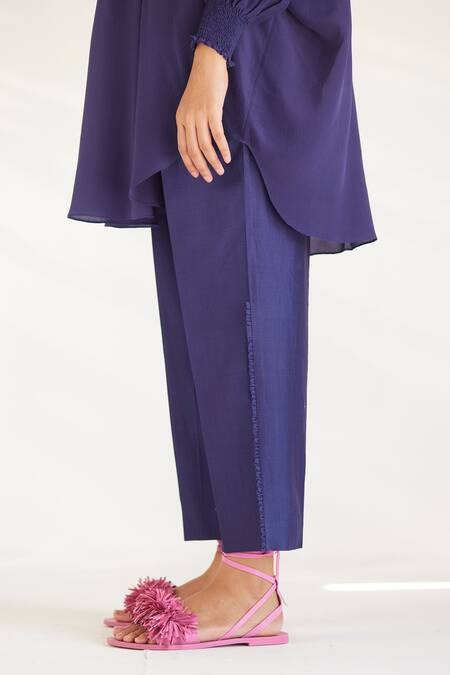 Buy_Ilk_Purple Silk, Crepe Embroidery Round Neck Luna Smocked Tunic With Pant_Online_at_Aza_Fashions