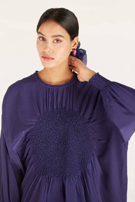 Shop_Ilk_Purple Silk, Crepe Embroidery Round Neck Luna Smocked Tunic With Pant_Online_at_Aza_Fashions
