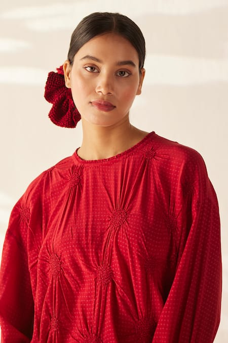 Ilk_Red Silk Round Neck Tesselate Smocked Tunic With Pant_Online_at_Aza_Fashions