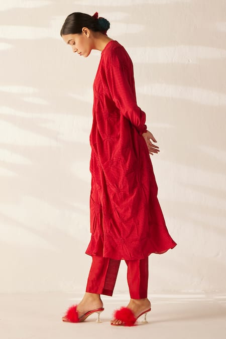 Shop_Ilk_Red Silk Round Neck Tesselate Smocked Tunic With Pant_Online_at_Aza_Fashions