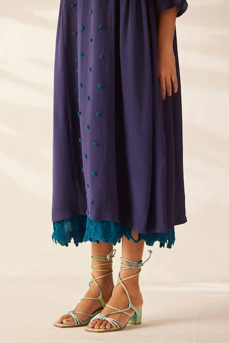 Buy_Ilk_Purple Silk, Crepe Embroidery V-neck Peer Cluster Layered Dress_Online_at_Aza_Fashions