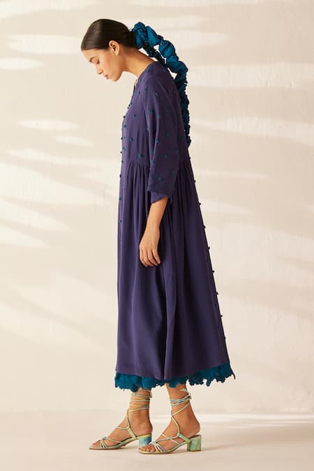 Shop_Ilk_Purple Silk, Crepe Embroidery V-neck Peer Cluster Layered Dress_Online_at_Aza_Fashions