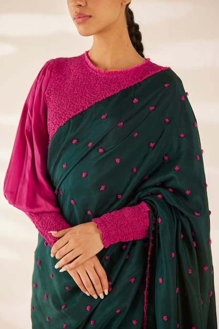 Ilk_Green Silk Embroidery Round Neck Oasis Polka Dot Saree With Blouse_Online_at_Aza_Fashions