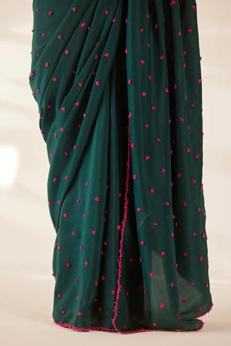 Buy_Ilk_Green Silk Embroidery Round Neck Oasis Polka Dot Saree With Blouse_Online_at_Aza_Fashions