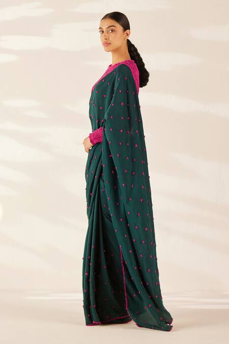 Shop_Ilk_Green Silk Embroidery Round Neck Oasis Polka Dot Saree With Blouse_Online_at_Aza_Fashions