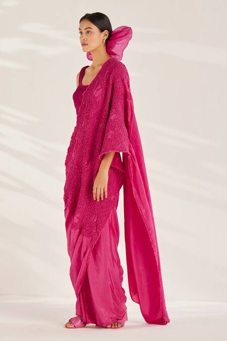 Buy_Ilk_Pink Silk Sequins, Beads Round Neck Muse Smocked Saree With Blouse_Online_at_Aza_Fashions