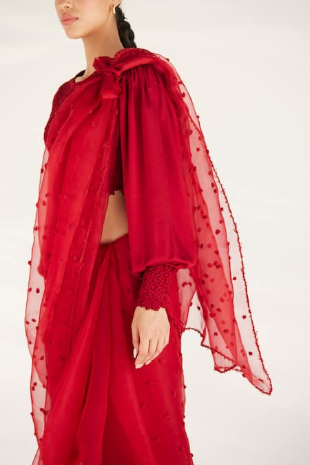 Ilk_Red Silk, Crepe Embroidery Round Amaryllis Thread Saree With Smocked Blouse_Online_at_Aza_Fashions