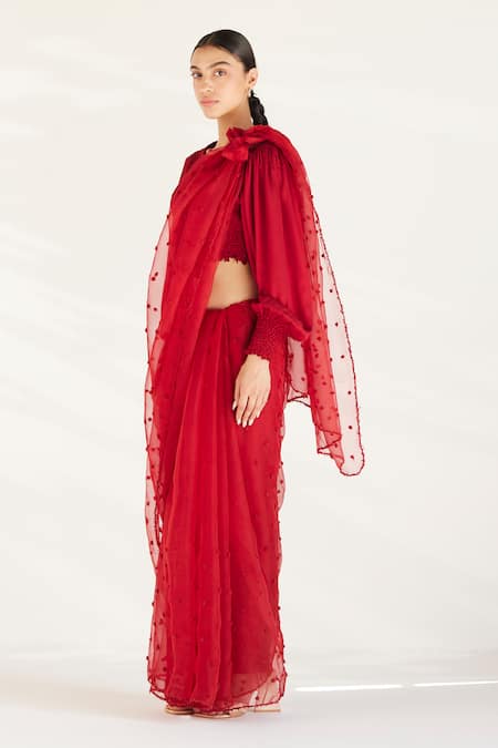 Buy_Ilk_Red Silk, Crepe Embroidery Round Amaryllis Thread Saree With Smocked Blouse_Online_at_Aza_Fashions