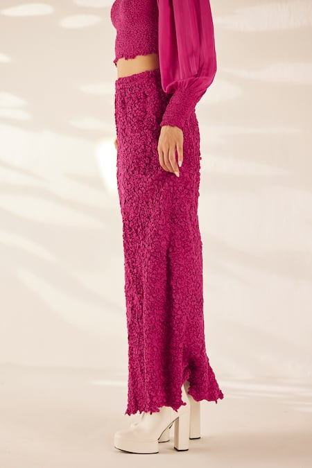 Ilk_Pink Cotton Satin Smocking Round Meraki Smocked Top With Skirt _Online_at_Aza_Fashions