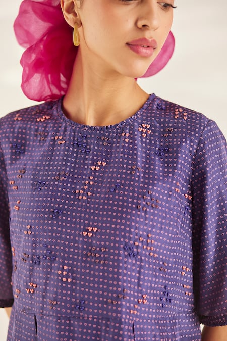 Ilk_Purple Cotton, Silk Beads, Embroidery Round Neck Heart Pattern Kurta With Pant_Online_at_Aza_Fashions