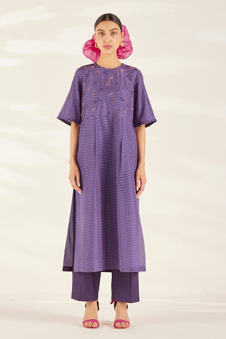 Shop_Ilk_Purple Cotton, Silk Beads, Embroidery Round Neck Heart Pattern Kurta With Pant_Online_at_Aza_Fashions