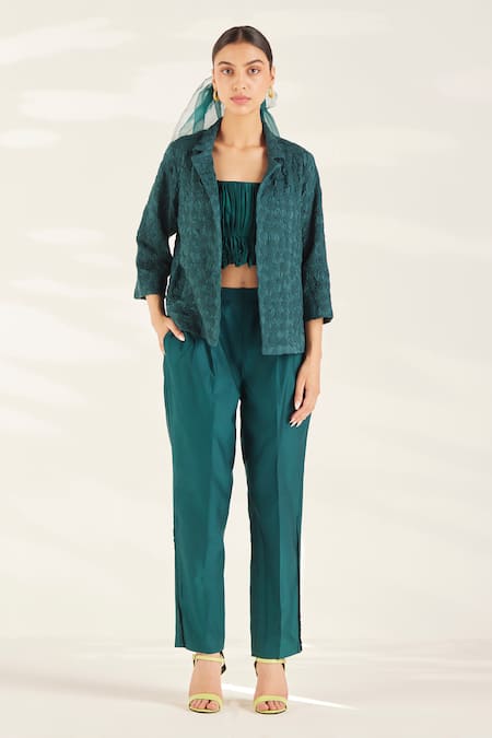 Ilk_Green Cotton Satin Collared Smocked Pattern Jacket_Online_at_Aza_Fashions