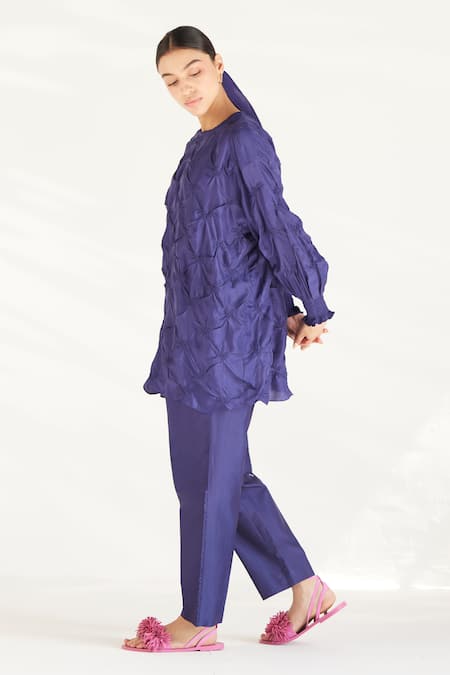 Shop Ilk Purple Satin Silk Chanderi Pleated Luna Side Pant at Aza Fashions Shop_Ilk_Purple Satin Silk Chanderi Pleated Luna Side Pant _at_Aza_Fashions