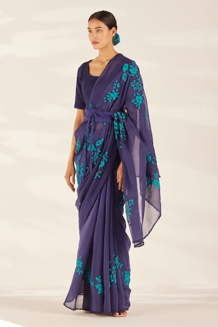 Ilk_Purple Cotton Satin, Silk Beads Round Lapis Star Embroidered Saree With Blouse_Online_at_Aza_Fashions