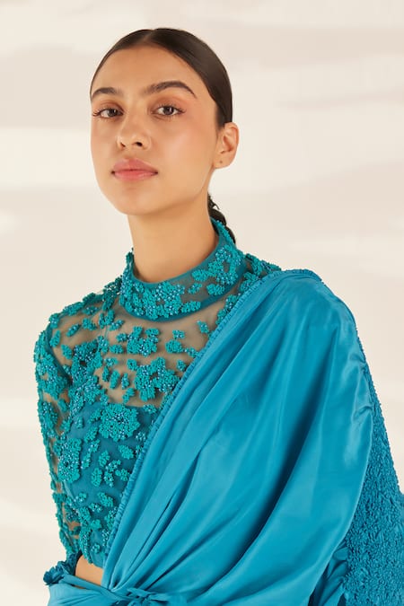 Ilk_Blue Silk Beads Bandeau Neck Smocked Saree With Embellished Blouse_Online_at_Aza_Fashions