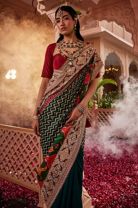 Kaaisha By Shalini_Green Modal Satin Woven Chevron Saree With Unstitched Blouse Piece_Online_at_Aza_Fashions