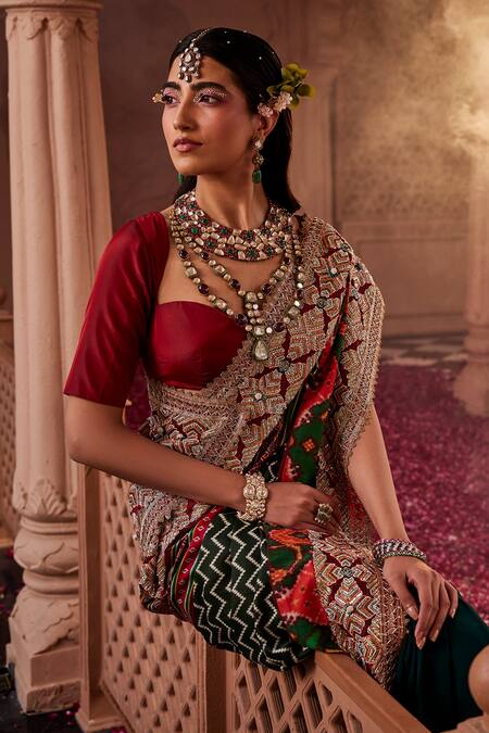 Shop_Kaaisha By Shalini_Green Modal Satin Woven Chevron Saree With Unstitched Blouse Piece_Online_at_Aza_Fashions