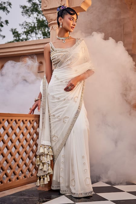 Kaaisha by Shalini Ivory Cathaya Georgette Embellished Pipe Metallic Saree With Blouse 