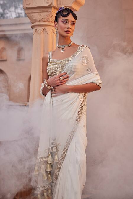 Kaaisha By Shalini_Ivory Cathaya Georgette Embellished Pipe Sweetheart Metallic Saree With Blouse_Online_at_Aza_Fashions