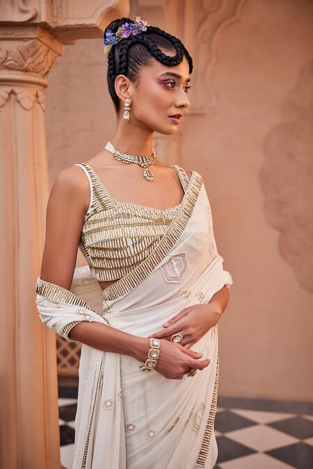 Buy_Kaaisha By Shalini_Ivory Cathaya Georgette Embellished Pipe Sweetheart Metallic Saree With Blouse_Online_at_Aza_Fashions