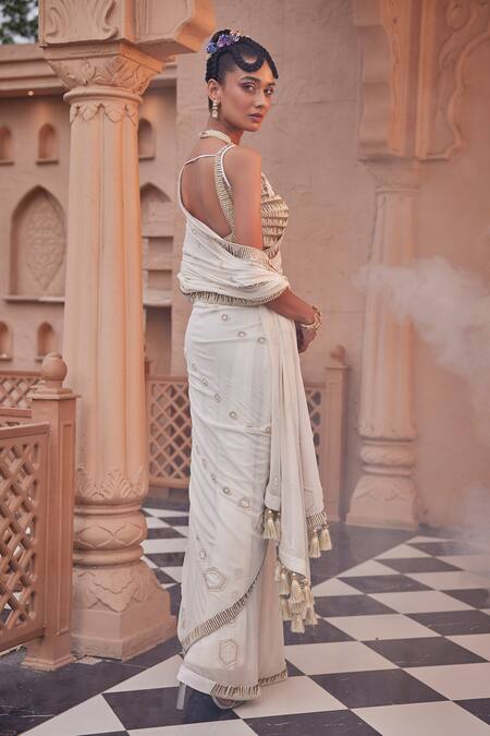 Shop_Kaaisha By Shalini_Ivory Cathaya Georgette Embellished Pipe Sweetheart Metallic Saree With Blouse_Online_at_Aza_Fashions