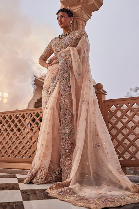 Kaaisha by Shalini Beige Organza Embellished Dabka V Neck Thread Saree With Blouse 