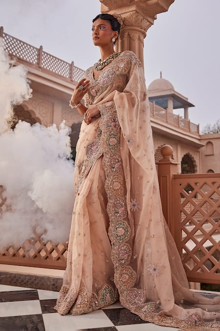 Kaaisha By Shalini_Beige Organza Embroidery, Cut Work, Beads Thread Embellished Saree With Blouse_Online_at_Aza_Fashions