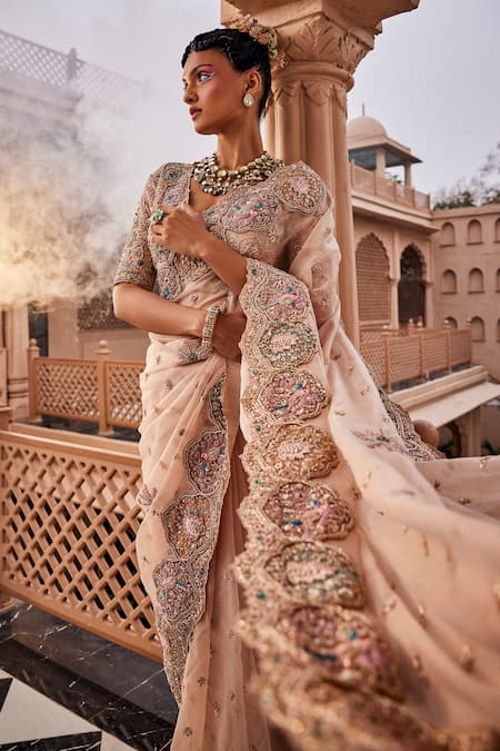 Buy_Kaaisha By Shalini_Beige Organza Embroidery, Cut Work, Beads Thread Embellished Saree With Blouse_Online_at_Aza_Fashions