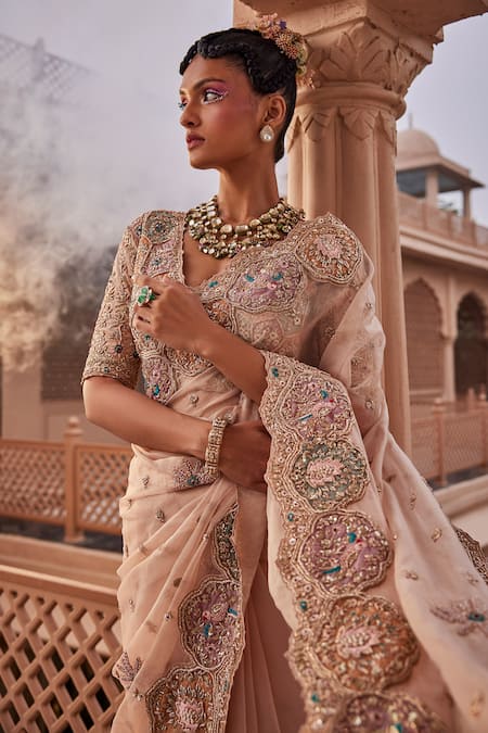Shop_Kaaisha By Shalini_Beige Organza Embroidery, Cut Work, Beads Thread Embellished Saree With Blouse_Online_at_Aza_Fashions
