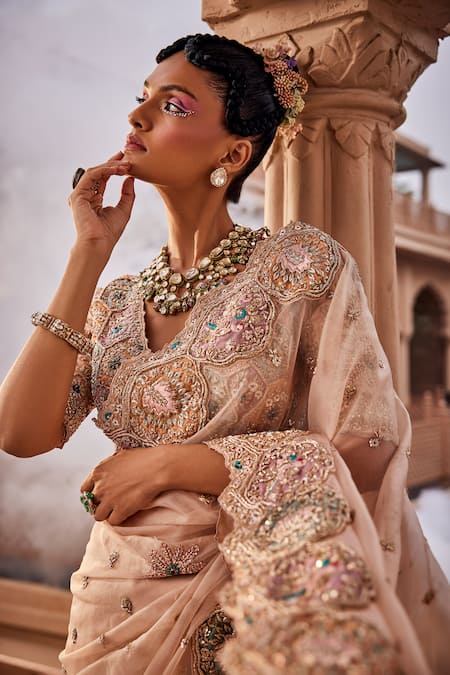 Kaaisha By Shalini_Beige Organza Embroidery, Cut Work, Beads Thread Embellished Saree With Blouse_at_Aza_Fashions