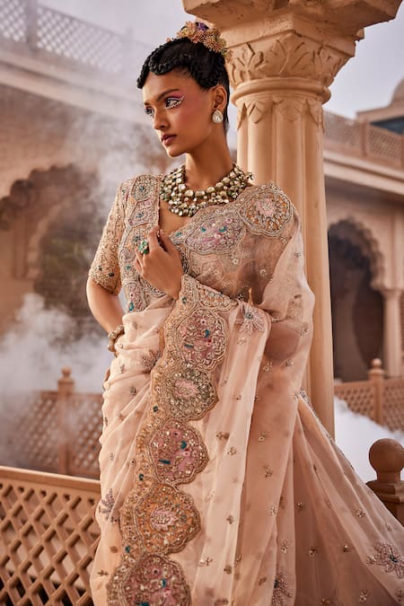 Buy_Kaaisha By Shalini_Beige Organza Embroidery, Cut Work, Beads Thread Embellished Saree With Blouse