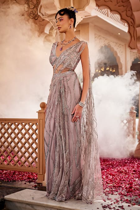 Shop Kaaisha By Shalini Purple Net Embellished Cutdana V Neck Swarovski Pre-draped Saree With Blouse at Aza Fashions Shop_Kaaisha By Shalini_Purple Net Embellished Cutdana V Neck Swarovski Pre-draped Saree With Blouse_at_Aza_Fashions