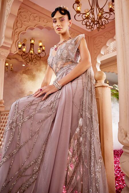 Kaaisha By Shalini Purple Net Embellished Cutdana V Neck Swarovski Pre-draped Saree With Blouse Online at Aza Fashions Kaaisha By Shalini_Purple Net Embellished Cutdana V Neck Swarovski Pre-draped Saree With Blouse_Online_at_Aza_Fashions