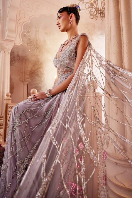 Buy Kaaisha By Shalini Purple Net Embellished Cutdana V Neck Swarovski Pre-draped Saree With Blouse Online at Aza Fashions Buy_Kaaisha By Shalini_Purple Net Embellished Cutdana V Neck Swarovski Pre-draped Saree With Blouse_Online_at_Aza_Fashions