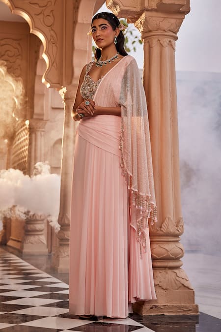 Kaaisha by Shalini Peach Italian Georgette Embellished Crystal Pre-draped Saree With Blouse 